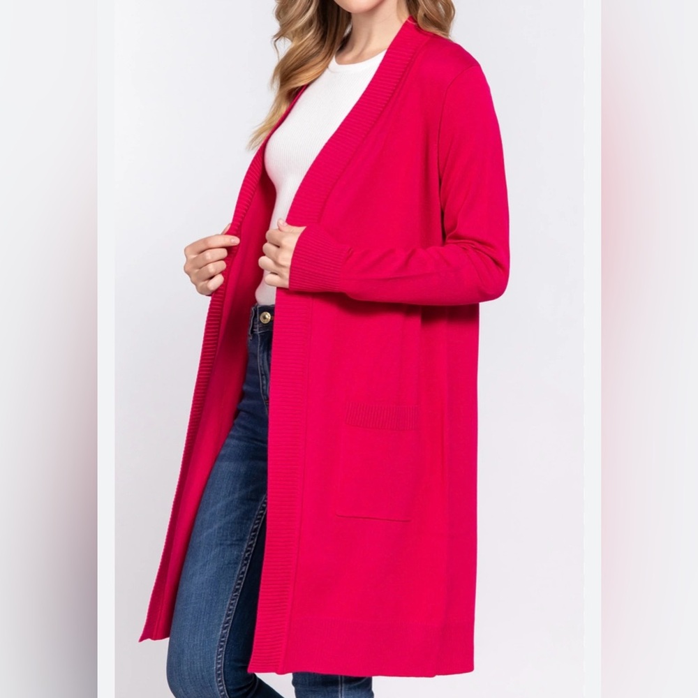 Nic + Zoe Long Line Open Front Ribbed Cardigan Berry Size Small Petite